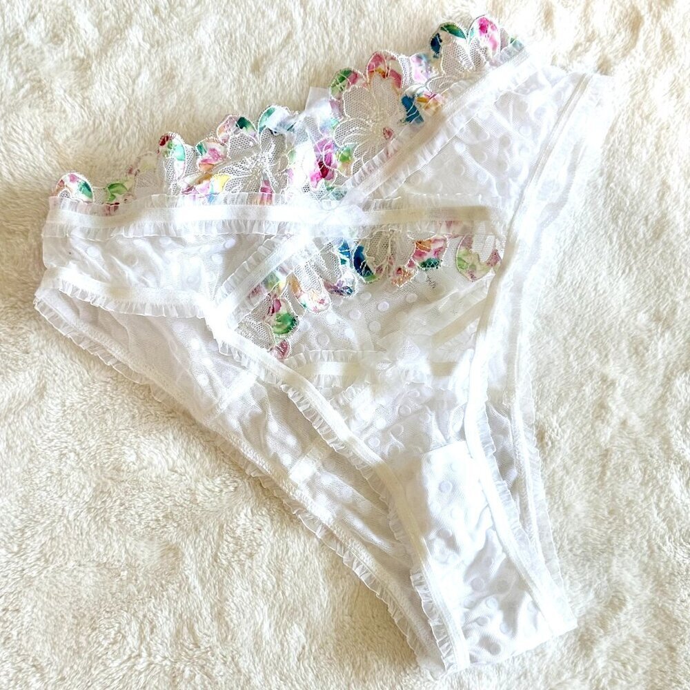 NWOT For Love & Lemons High Waisted Polka Dot Floral Rainbow Lace Panty - XXS